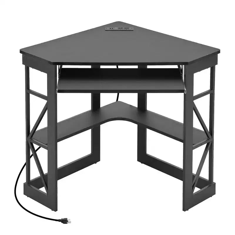 Scrivania ad angolo per computer VECELO da 104 cm con ripiani portaoggetti e stazione di ricarica, scrivania da gamer, scrivania moderna per workstation da ufficio domestico