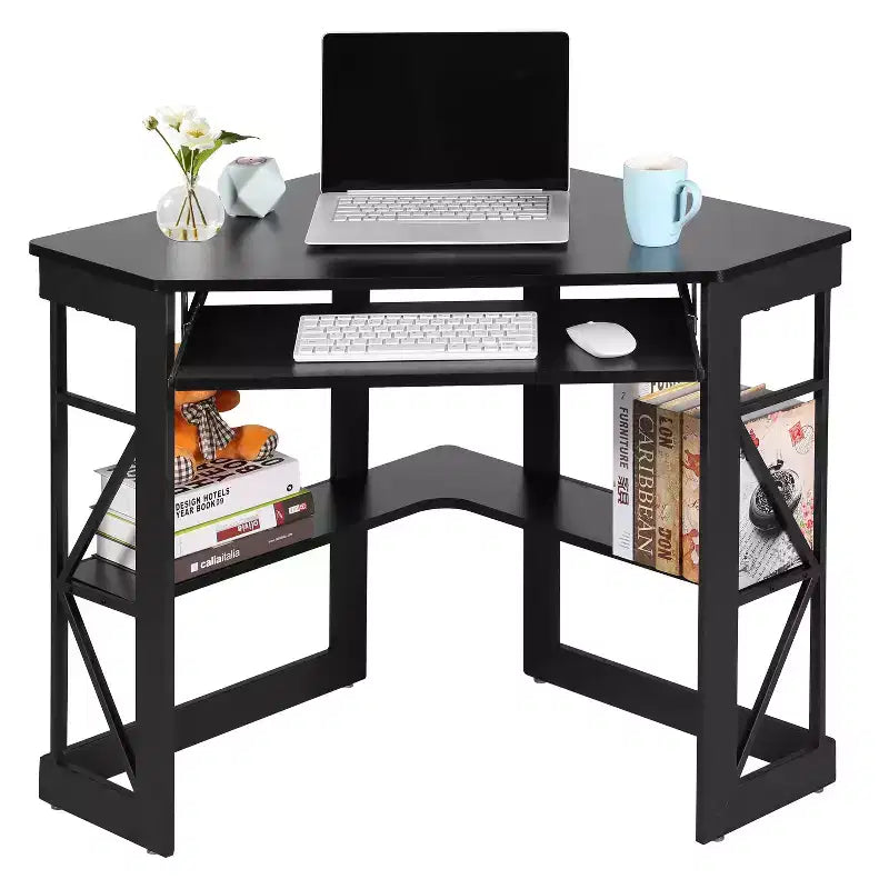 Scrivania ad angolo per computer VECELO da 104 cm con ripiani portaoggetti e stazione di ricarica, scrivania da gamer, scrivania moderna per workstation da ufficio domestico