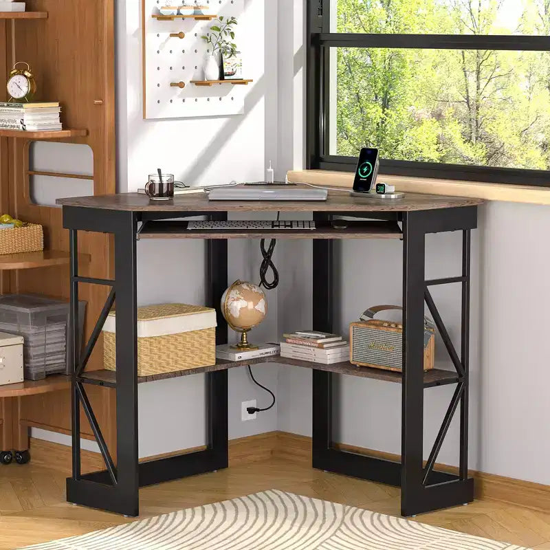 Scrivania ad angolo per computer VECELO da 104 cm con ripiani portaoggetti e stazione di ricarica, scrivania da gamer, scrivania moderna per workstation da ufficio domestico