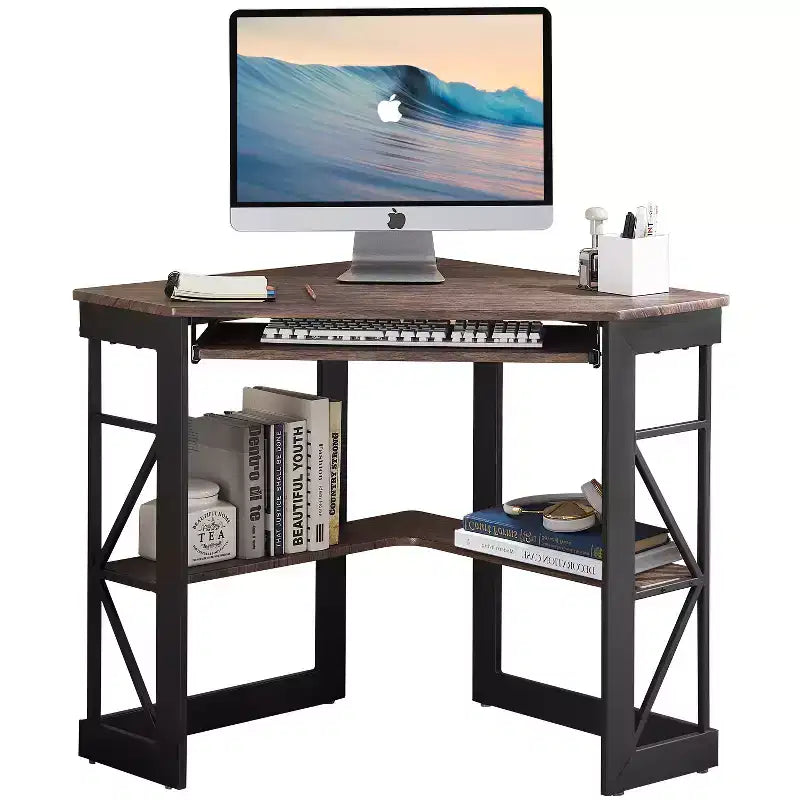 Scrivania ad angolo per computer VECELO da 104 cm con ripiani portaoggetti e stazione di ricarica, scrivania da gamer, scrivania moderna per workstation da ufficio domestico