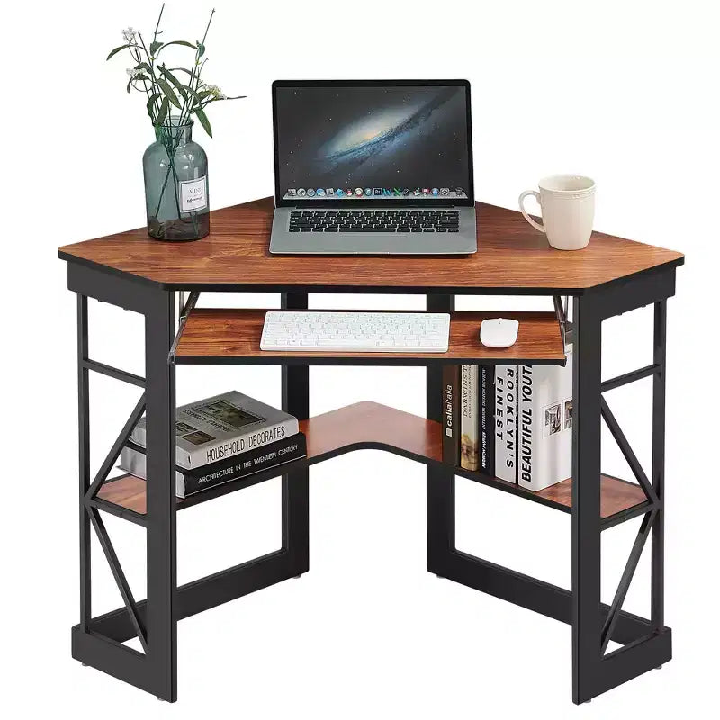 Scrivania ad angolo per computer VECELO da 104 cm con ripiani portaoggetti e stazione di ricarica, scrivania da gamer, scrivania moderna per workstation da ufficio domestico