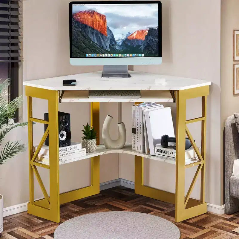 Scrivania ad angolo per computer VECELO da 104 cm con ripiani portaoggetti e stazione di ricarica, scrivania da gamer, scrivania moderna per workstation da ufficio domestico