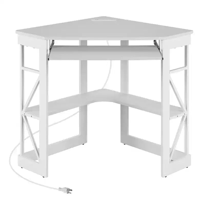Scrivania ad angolo per computer VECELO da 104 cm con ripiani portaoggetti e stazione di ricarica, scrivania da gamer, scrivania moderna per workstation da ufficio domestico