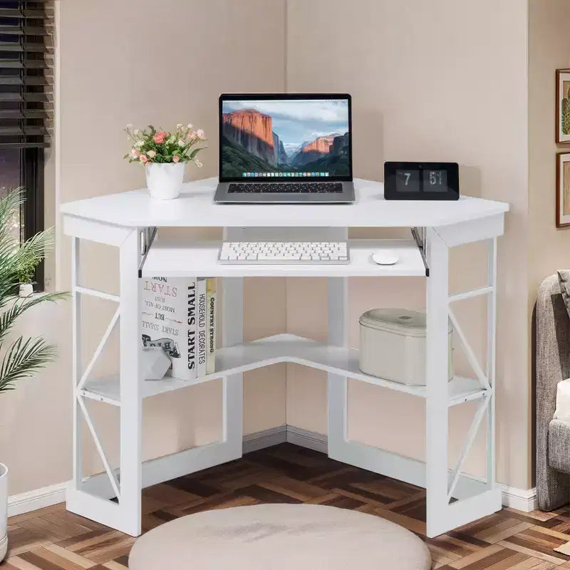Scrivania ad angolo per computer VECELO da 104 cm con ripiani portaoggetti e stazione di ricarica, scrivania da gamer, scrivania moderna per workstation da ufficio domestico